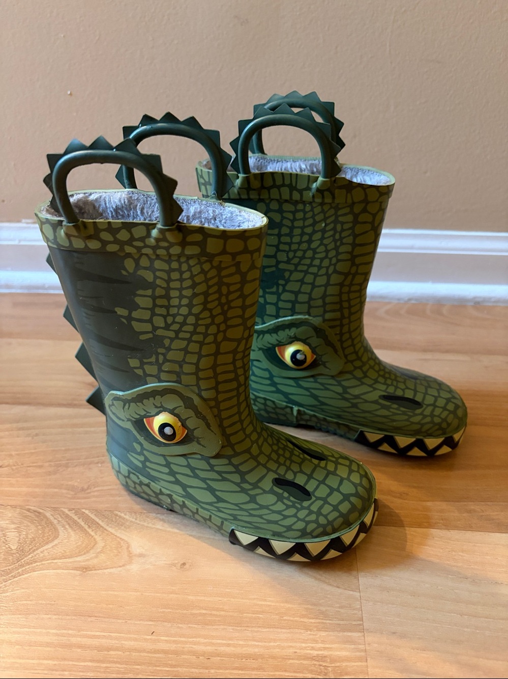 Kids green Dinosaur Rain Boots with Easy Pull Handles